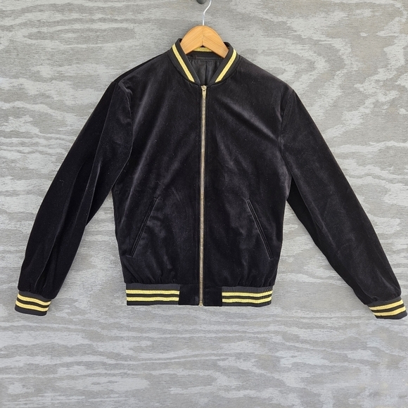 Zara Men Black Velvet Gold Trim Varsity Style Bomber Jacket Customized Small - Picture 2 of 7